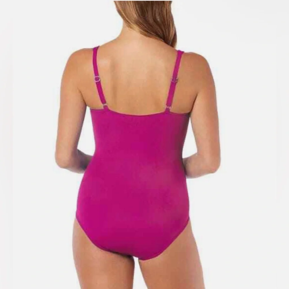 Swim Solutions Shirred Tummy-Control One-Piece in Hot Pink/Fuchsia Size 14 - Picture 2 of 7